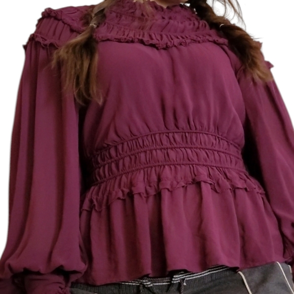 Farm Rio Plum Ruffle Blouse M | Romantic Boho Chic Long Sleeve Flowy Top - Picture 6 of 9